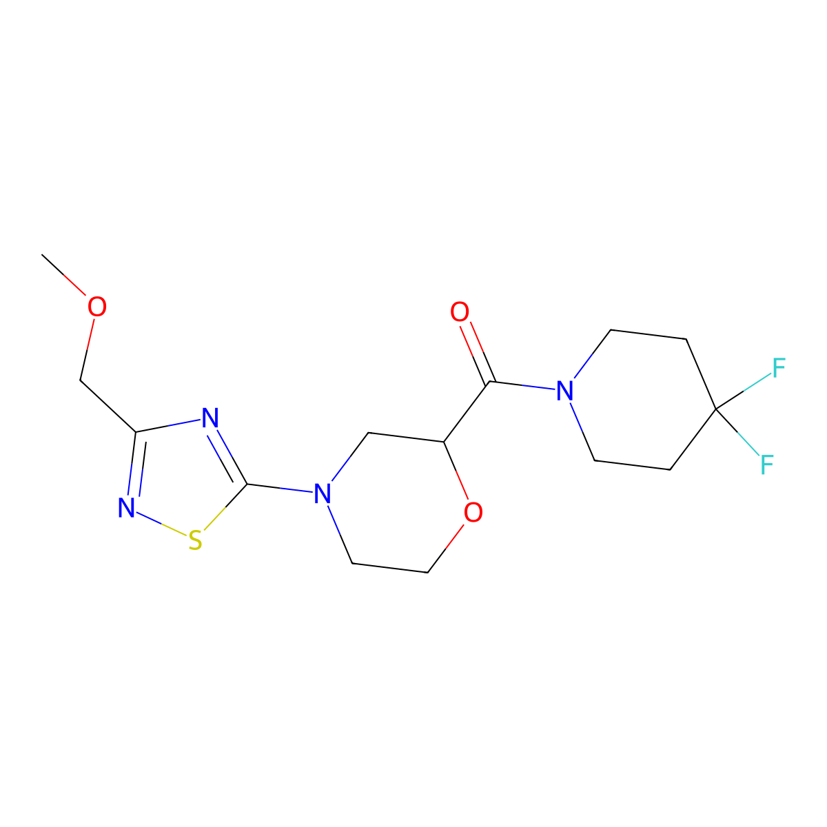 2-(4,4-Difluoropiperidine-1-carbonyl)-4-[3-(methoxymethyl)-1,2,4-thiadiazol-5-yl]morpholine molecular structure, CAS 2741893-61-6