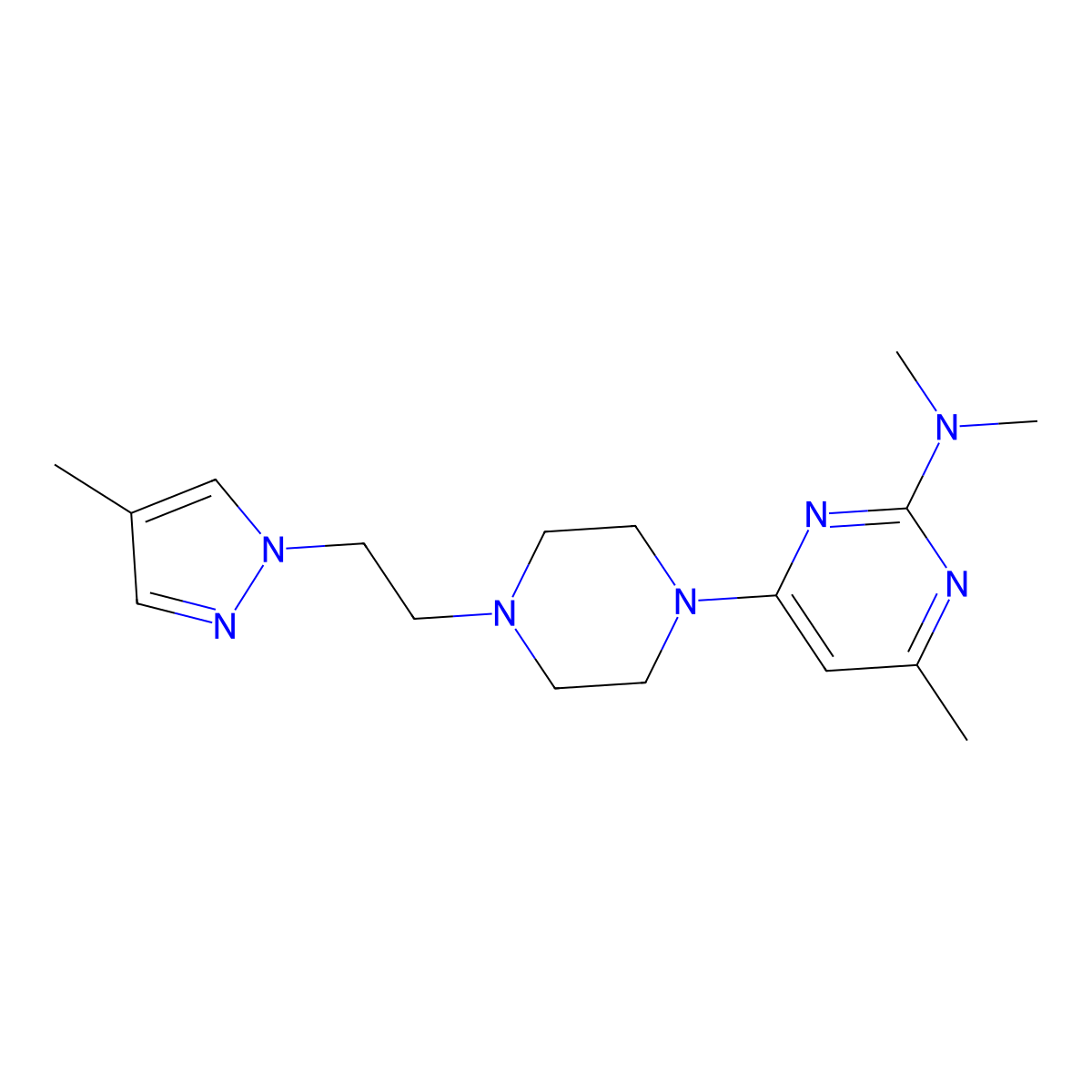 N,N,4-trimethyl-6-{4-[2-(4-methyl-1H-pyrazol-1-yl)ethyl]piperazin-1-yl}pyrimidin-2-amine molecular structure, CAS 2741893-65-0
