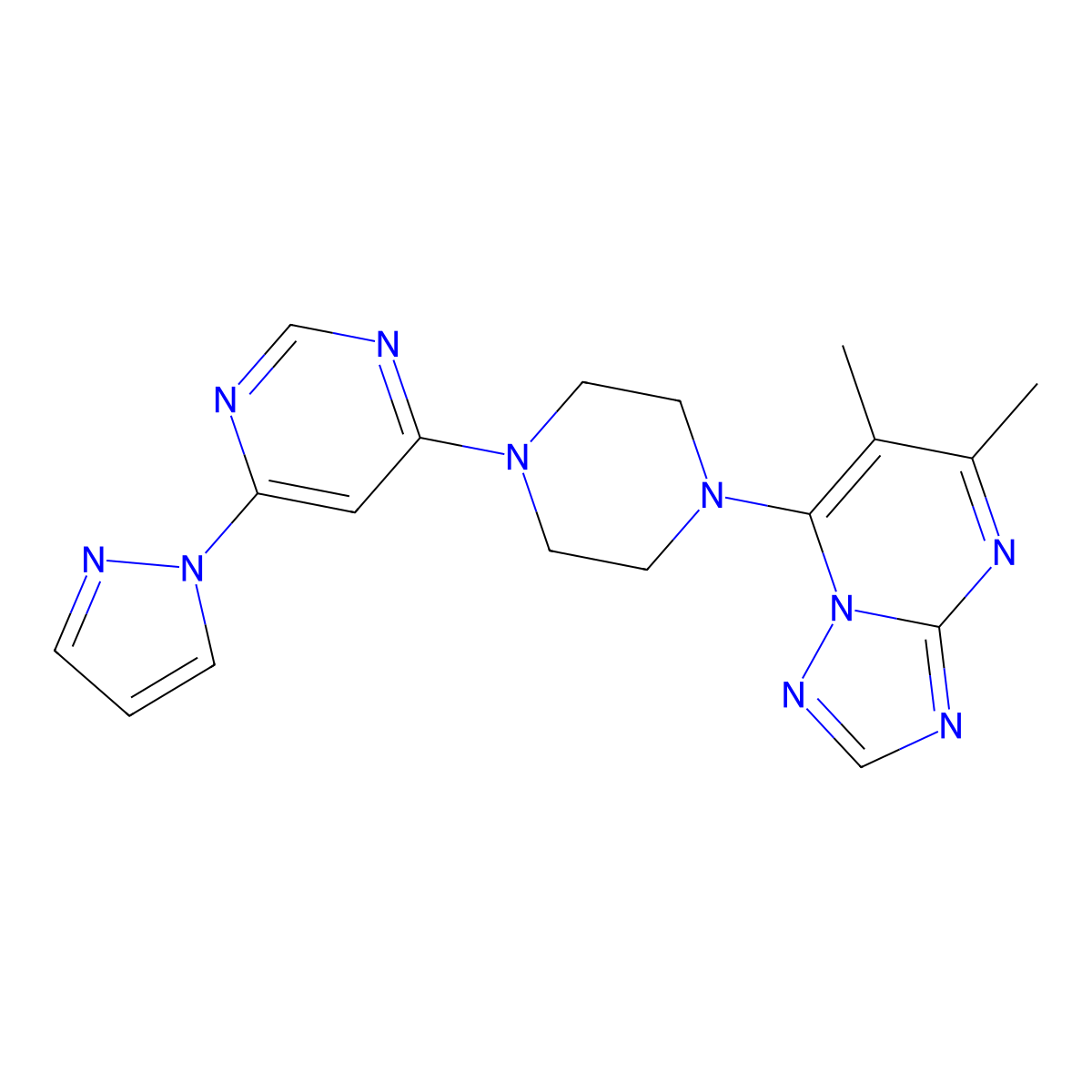 4-(4-{5,6-dimethyl-[1,2,4]triazolo[1,5-a]pyrimidin-7-yl}piperazin-1-yl)-6-(1H-pyrazol-1-yl)pyrimidine molecular structure, CAS 2741893-71-8