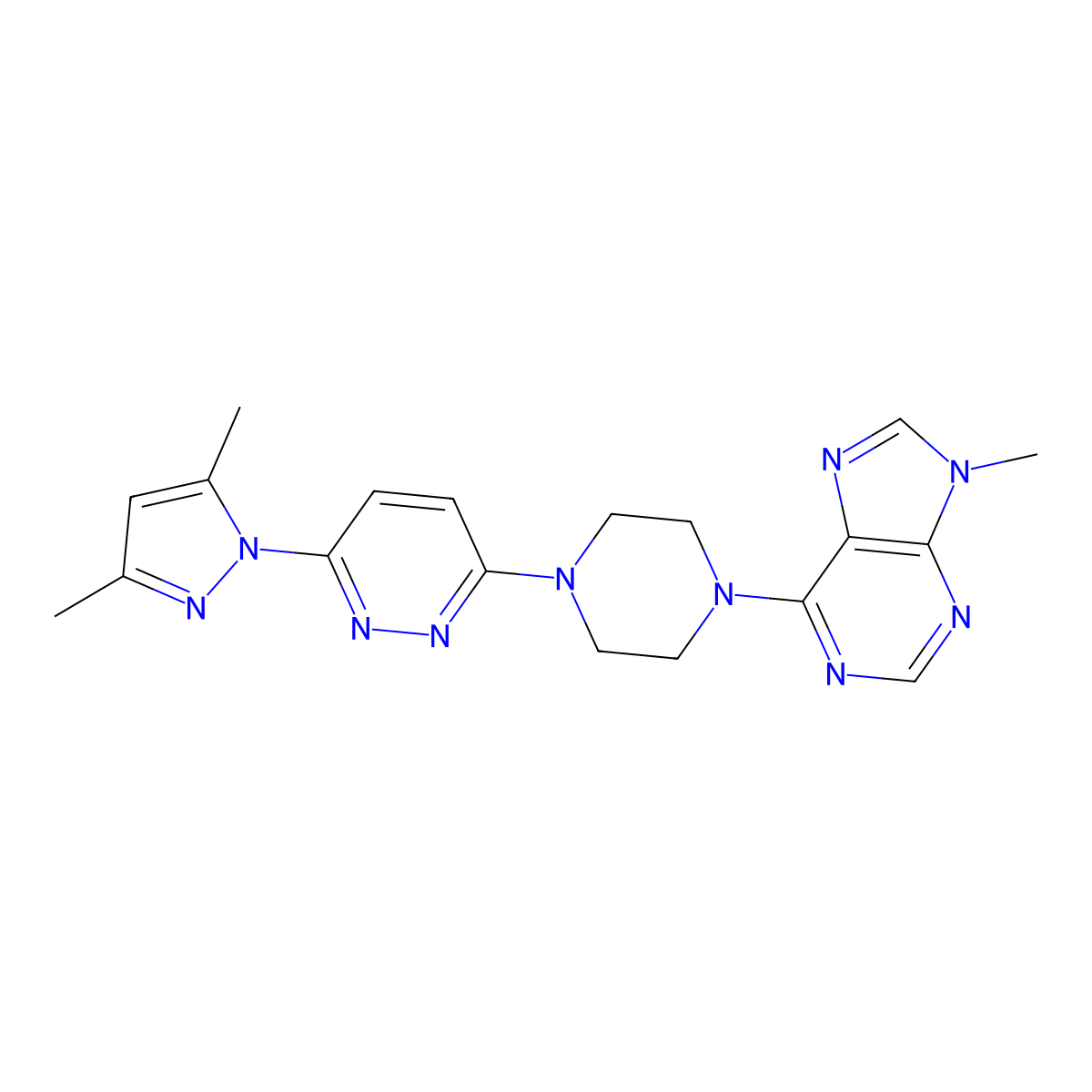 6-{4-[6-(3,5-dimethyl-1H-pyrazol-1-yl)pyridazin-3-yl]piperazin-1-yl}-9-methyl-9H-purine molecular structure, CAS 2741893-80-9