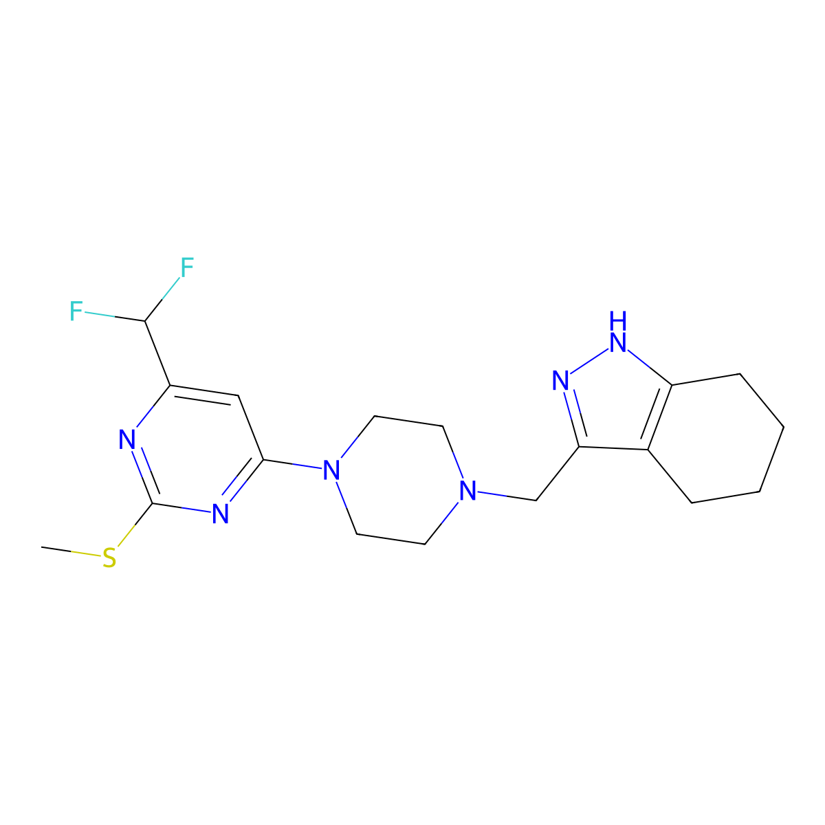3-({4-[6-(difluoromethyl)-2-(methylsulfanyl)pyrimidin-4-yl]piperazin-1-yl}methyl)-4,5,6,7-tetrahydro-1H-indazole molecular structure, CAS 2741893-91-2