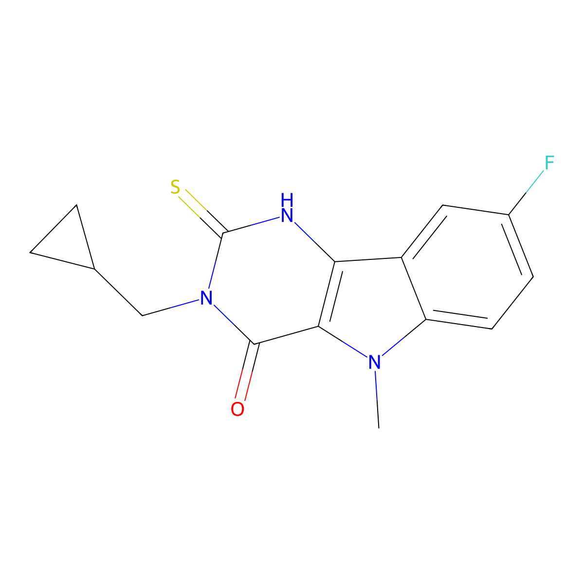 3-(cyclopropylmethyl)-8-fluoro-5-methyl-2-sulfanylidene-1H,2H,3H,4H,5H-pyrimido[5,4-b]indol-4-one molecular structure, CAS 2741893-93-4