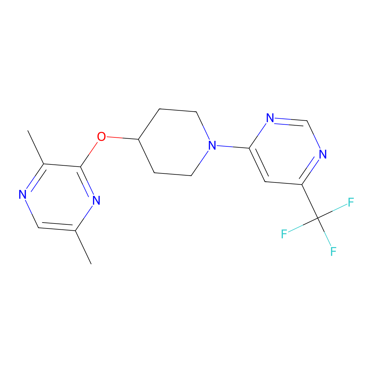 2,5-Dimethyl-3-({1-[6-(trifluoromethyl)pyrimidin-4-yl]piperidin-4-yl}oxy)pyrazine molecular structure, CAS 2741893-99-0