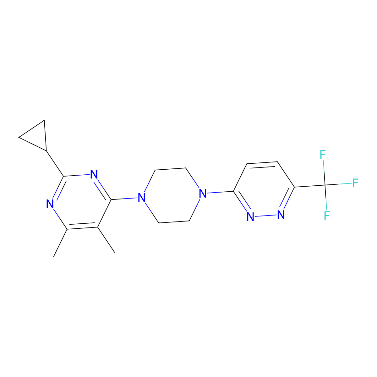 2-Cyclopropyl-4,5-dimethyl-6-{4-[6-(trifluoromethyl)pyridazin-3-yl]piperazin-1-yl}pyrimidine molecular structure, CAS 2741894-03-9