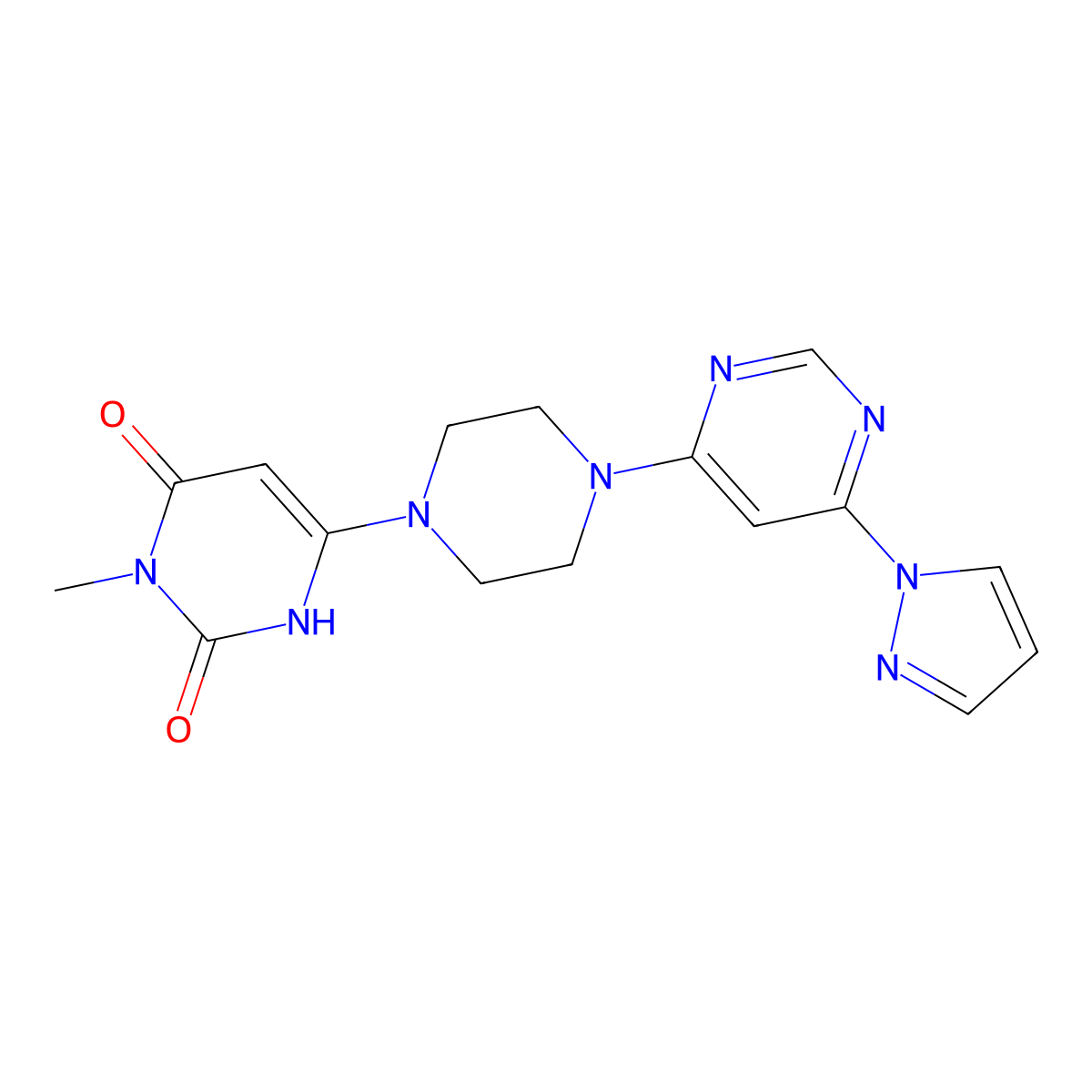 3-methyl-6-{4-[6-(1H-pyrazol-1-yl)pyrimidin-4-yl]piperazin-1-yl}-1,2,3,4-tetrahydropyrimidine-2,4-dione molecular structure, CAS 2741894-08-4