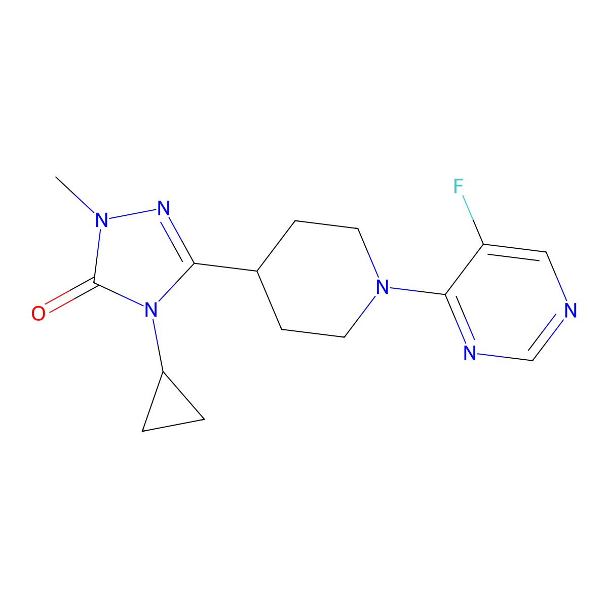 4-cyclopropyl-3-[1-(5-fluoropyrimidin-4-yl)piperidin-4-yl]-1-methyl-4,5-dihydro-1H-1,2,4-triazol-5-one molecular structure, CAS 2741894-10-8