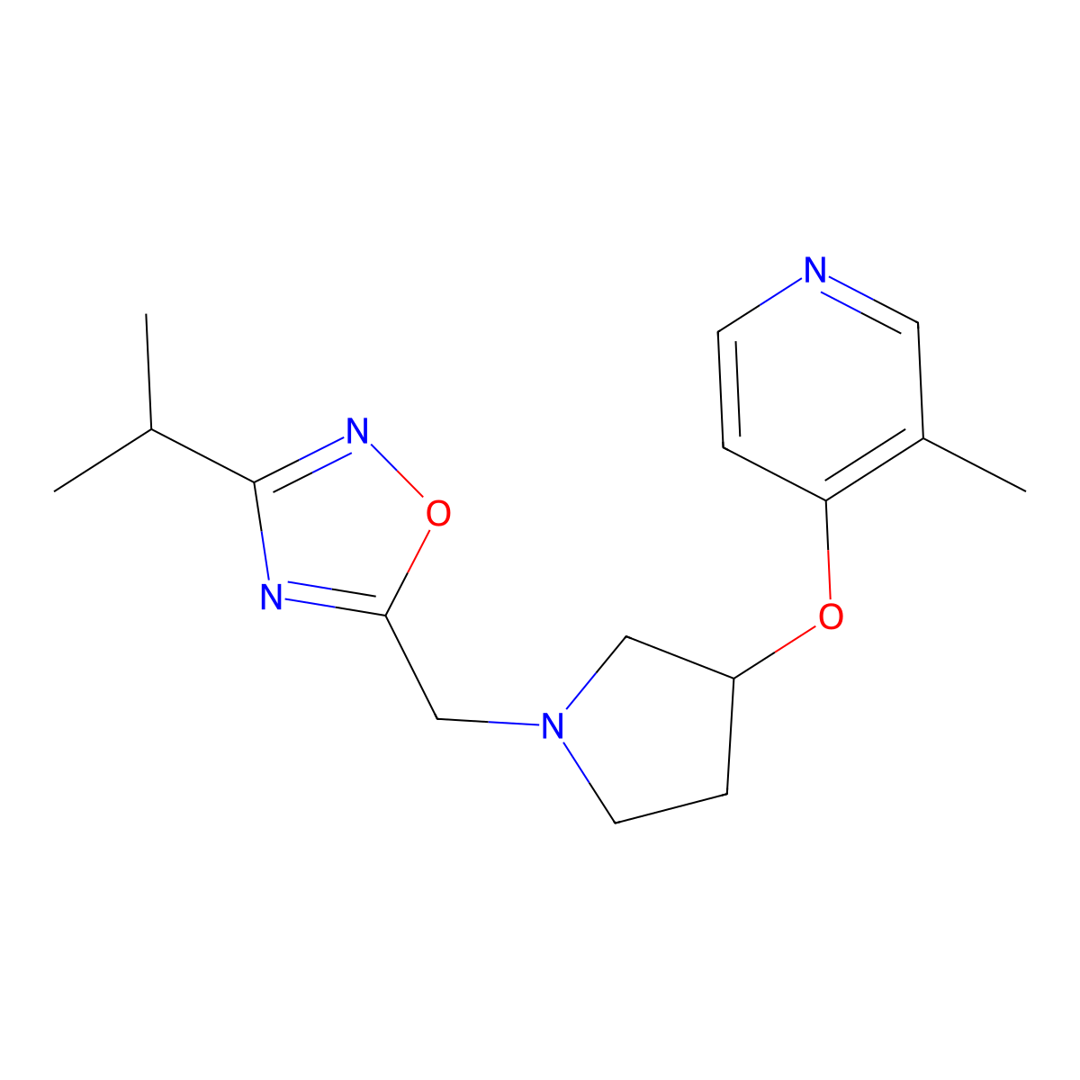 3-Methyl-4-[(1-{[3-(propan-2-yl)-1,2,4-oxadiazol-5-yl]methyl}pyrrolidin-3-yl)oxy]pyridine molecular structure, CAS 2741894-18-6