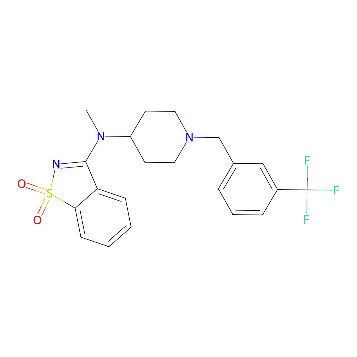 N-methyl-1,1-dioxo-N-[1-[[3-(trifluoromethyl)phenyl]methyl]piperidin-4-yl]-1,2-benzothiazol-3-amine molecular structure, CAS 2741894-19-7