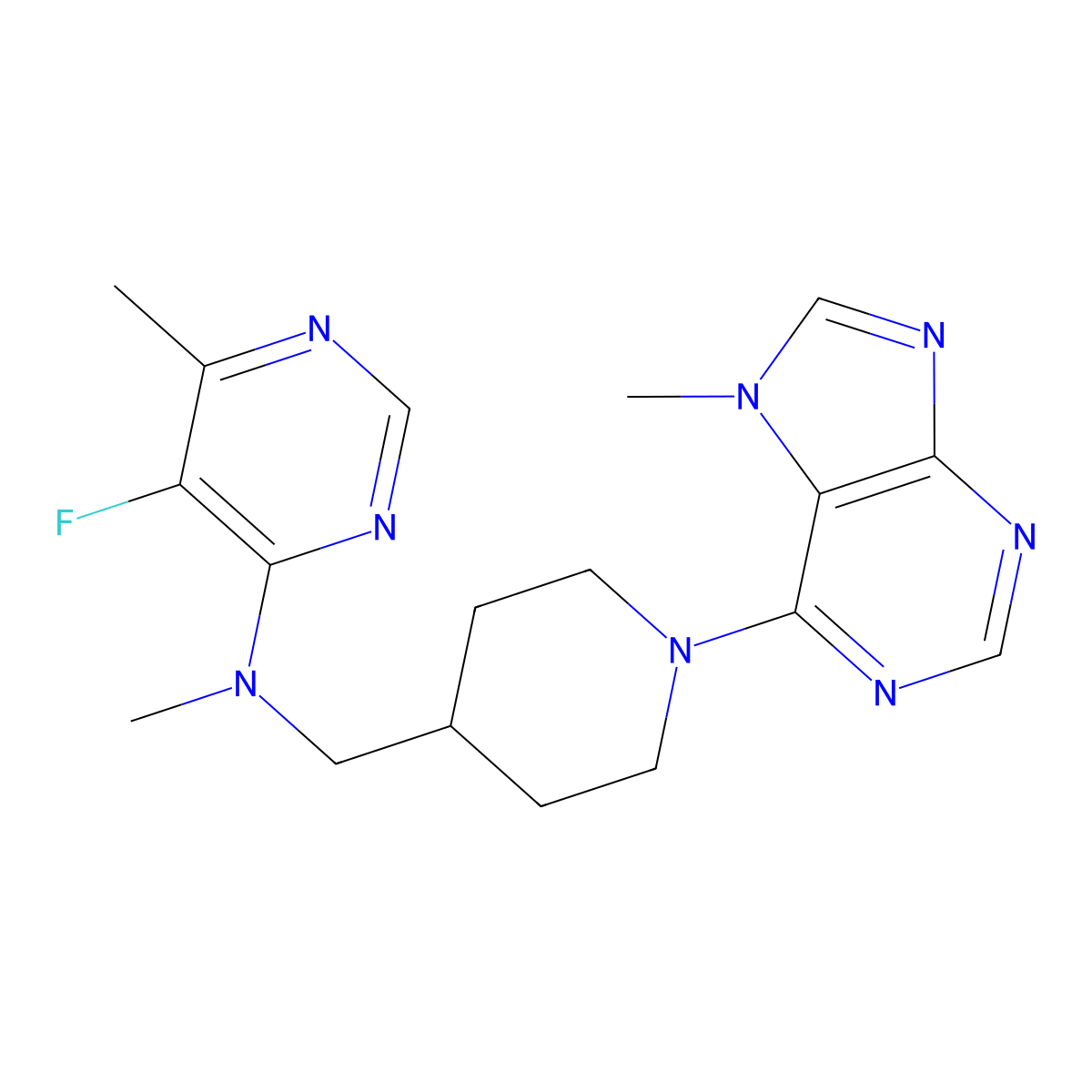5-fluoro-N,6-dimethyl-N-{[1-(7-methyl-7H-purin-6-yl)piperidin-4-yl]methyl}pyrimidin-4-amine molecular structure, CAS 2741894-25-5