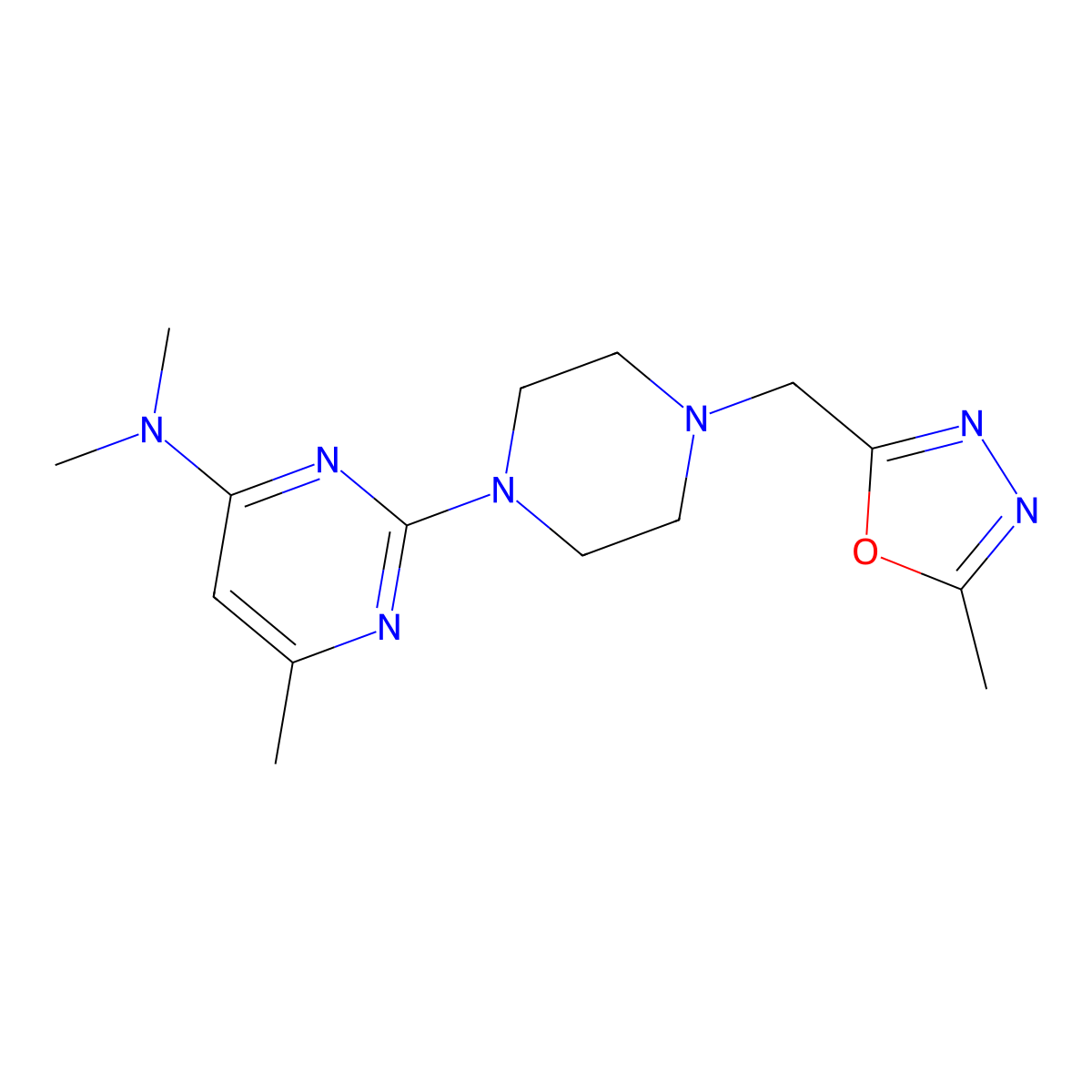 N,N,6-trimethyl-2-{4-[(5-methyl-1,3,4-oxadiazol-2-yl)methyl]piperazin-1-yl}pyrimidin-4-amine molecular structure, CAS 2741894-26-6