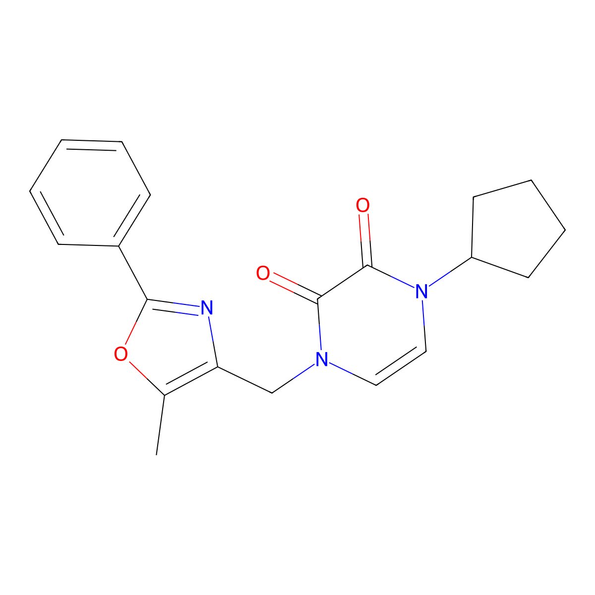 1-Cyclopentyl-4-[(5-methyl-2-phenyl-1,3-oxazol-4-yl)methyl]-1,2,3,4-tetrahydropyrazine-2,3-dione molecular structure, CAS 2741894-27-7