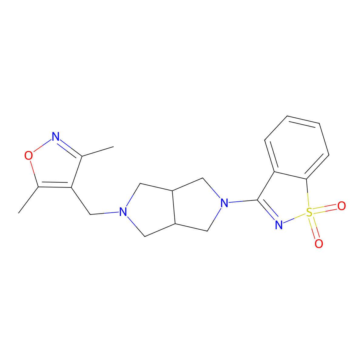 3-[2-[(3,5-Dimethyl-1,2-oxazol-4-yl)methyl]-1,3,3a,4,6,6a-hexahydropyrrolo[3,4-c]pyrrol-5-yl]-1,2-benzothiazole 1,1-dioxide molecular structure, CAS 2741894-30-2