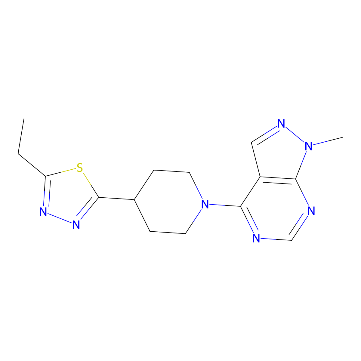 4-(5-ethyl-1,3,4-thiadiazol-2-yl)-1-{1-methyl-1H-pyrazolo[3,4-d]pyrimidin-4-yl}piperidine molecular structure, CAS 2741894-34-6
