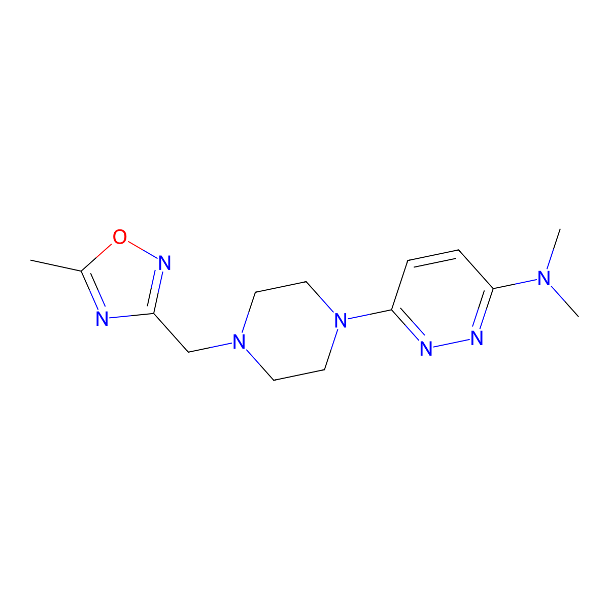 N,N-dimethyl-6-{4-[(5-methyl-1,2,4-oxadiazol-3-yl)methyl]piperazin-1-yl}pyridazin-3-amine molecular structure, CAS 2741894-35-7