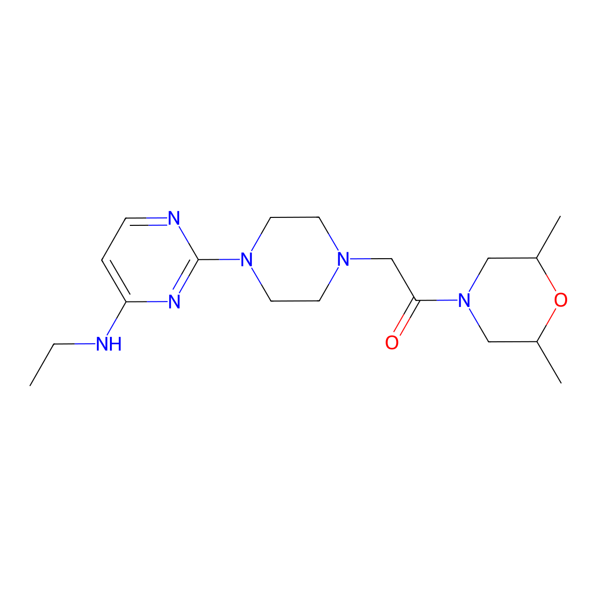 1-(2,6-Dimethylmorpholin-4-yl)-2-{4-[4-(ethylamino)pyrimidin-2-yl]piperazin-1-yl}ethan-1-one molecular structure, CAS 2741894-41-5