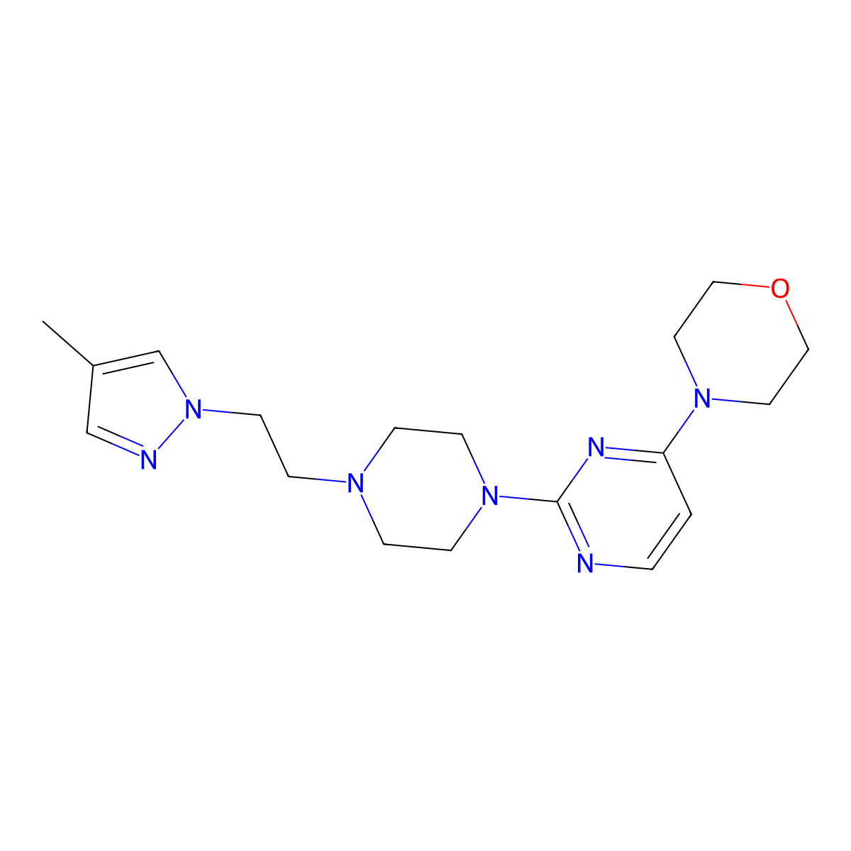 4-(2-{4-[2-(4-methyl-1H-pyrazol-1-yl)ethyl]piperazin-1-yl}pyrimidin-4-yl)morpholine molecular structure, CAS 2741894-42-6