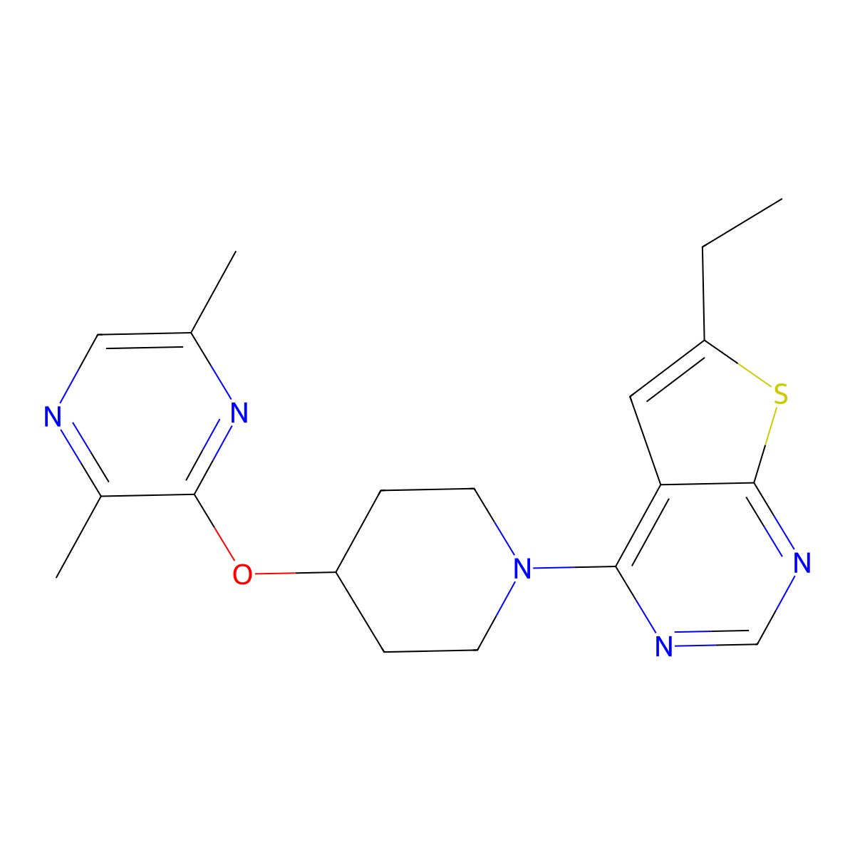 3-[(1-{6-Ethylthieno[2,3-d]pyrimidin-4-yl}piperidin-4-yl)oxy]-2,5-dimethylpyrazine molecular structure, CAS 2741894-47-1