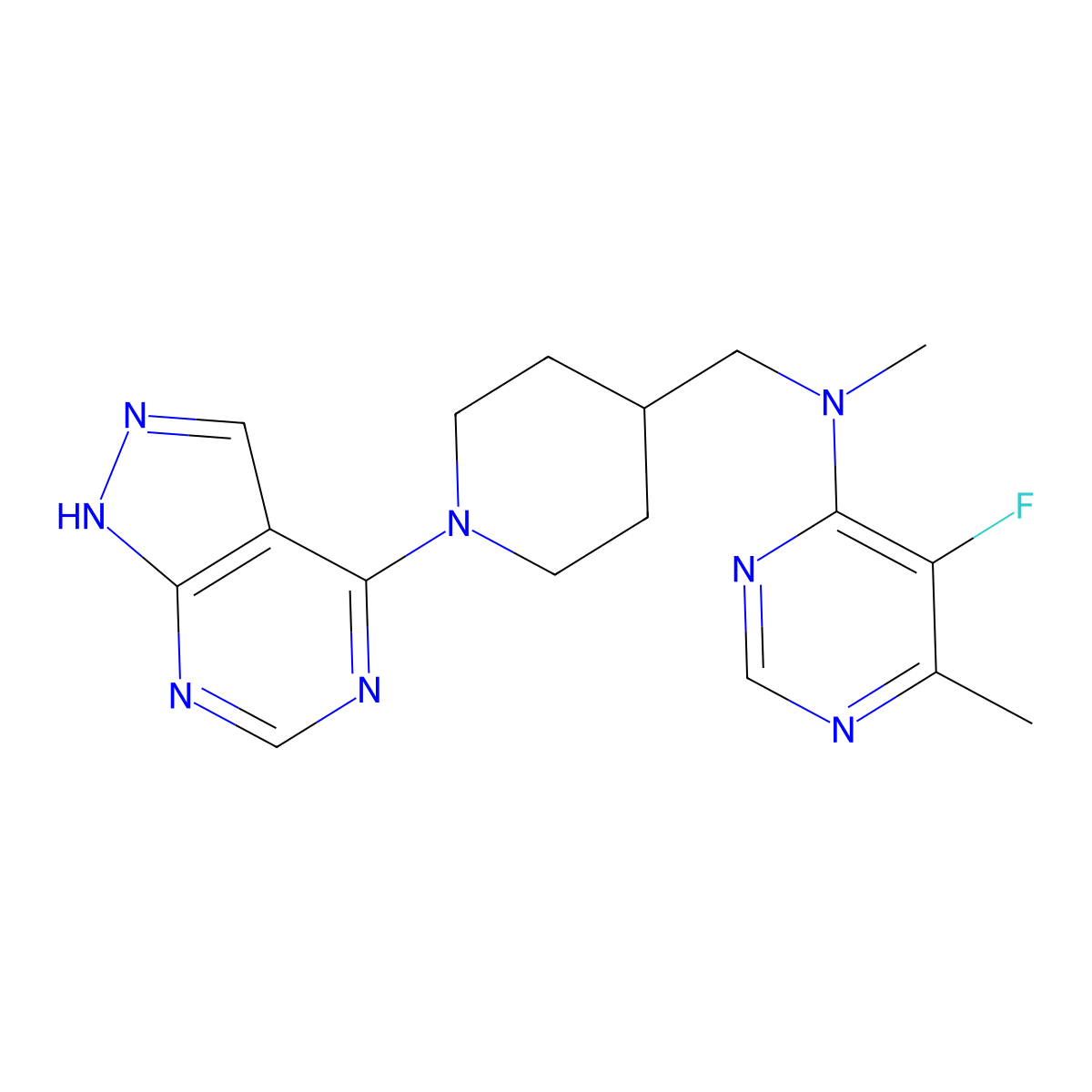 5-fluoro-N,6-dimethyl-N-[(1-{1H-pyrazolo[3,4-d]pyrimidin-4-yl}piperidin-4-yl)methyl]pyrimidin-4-amine molecular structure, CAS 2741894-51-7
