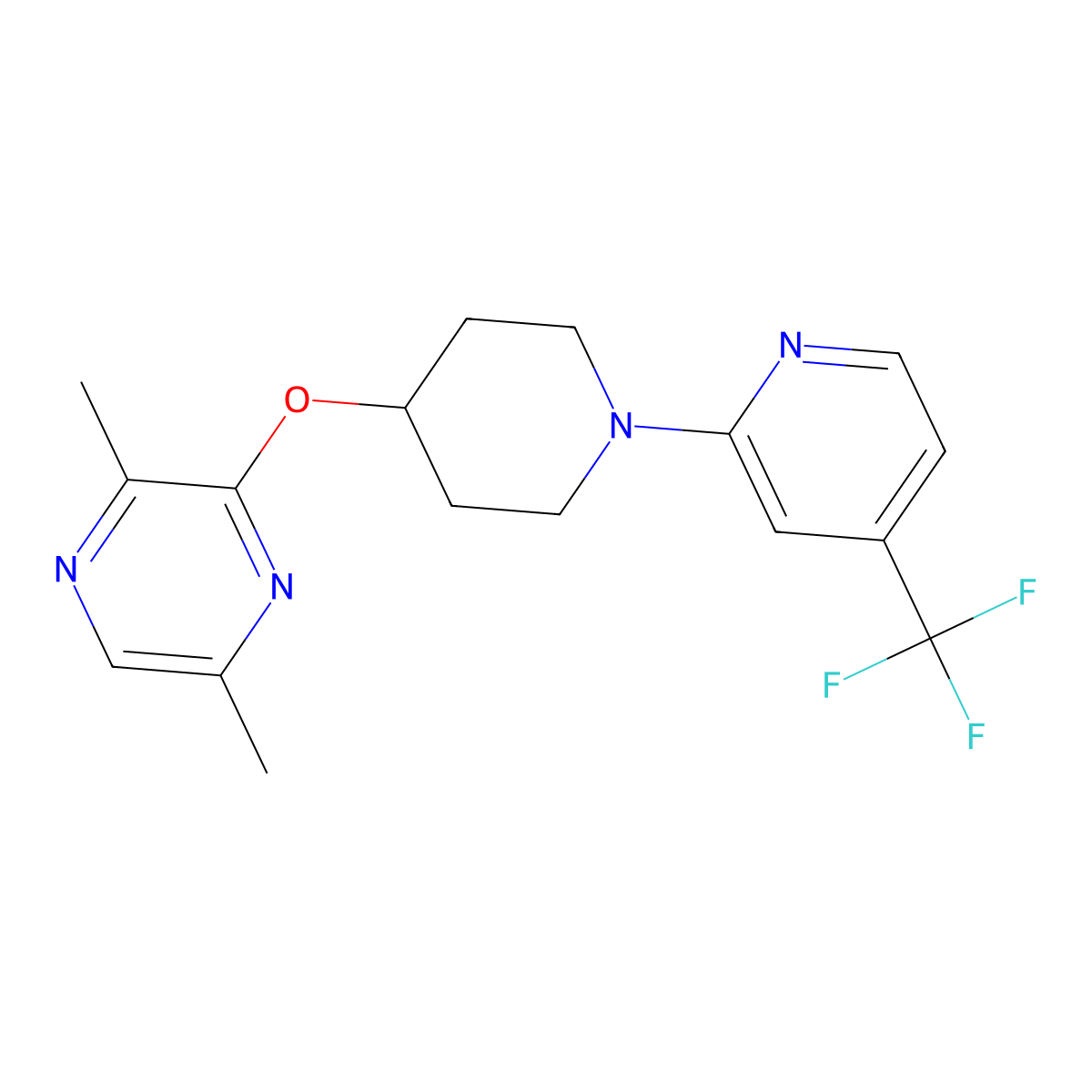 2,5-Dimethyl-3-({1-[4-(trifluoromethyl)pyridin-2-yl]piperidin-4-yl}oxy)pyrazine molecular structure, CAS 2741894-54-0