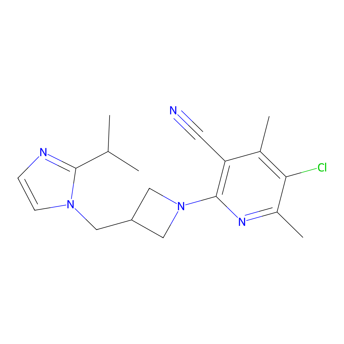 5-chloro-4,6-dimethyl-2-(3-{[2-(propan-2-yl)-1H-imidazol-1-yl]methyl}azetidin-1-yl)pyridine-3-carbonitrile molecular structure, CAS 2741894-55-1