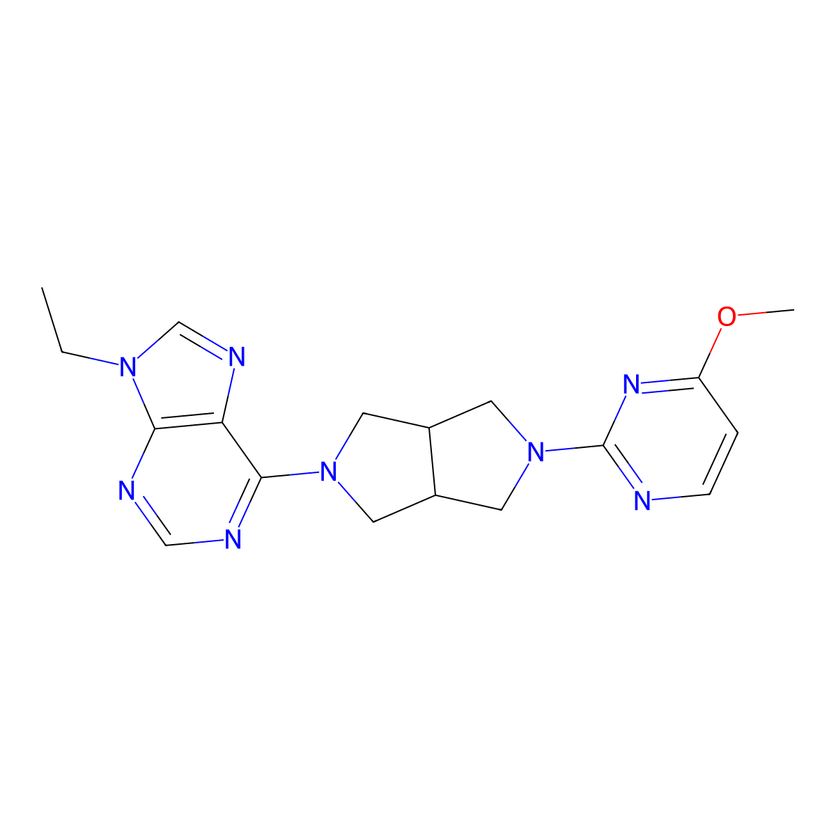 9-ethyl-6-[5-(4-methoxypyrimidin-2-yl)-octahydropyrrolo[3,4-c]pyrrol-2-yl]-9H-purine molecular structure, CAS 2741894-58-4