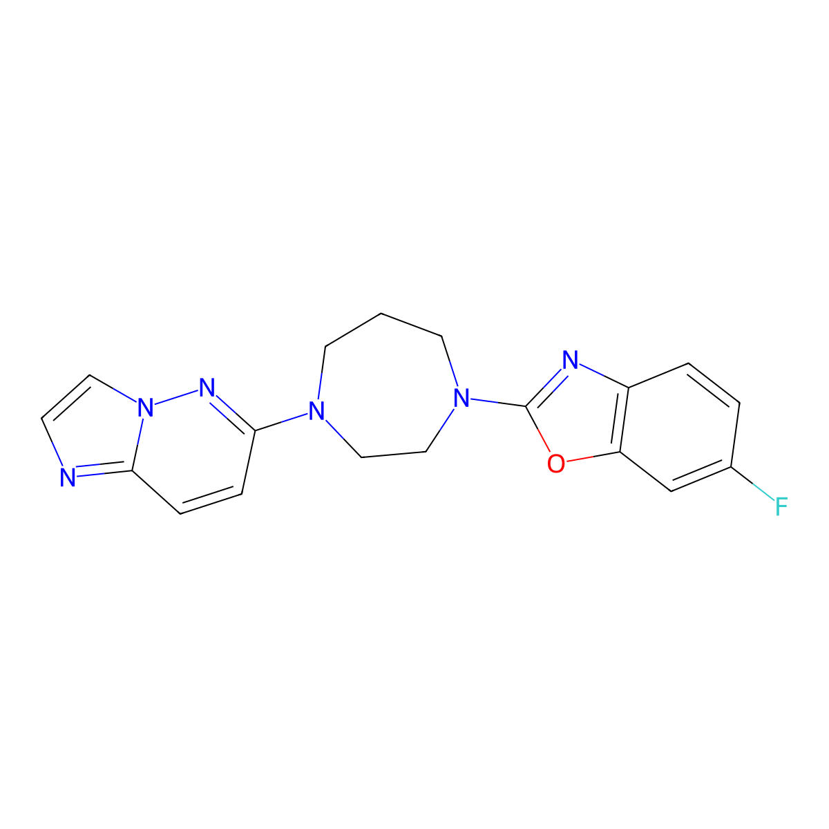 6-Fluoro-2-(4-{imidazo[1,2-b]pyridazin-6-yl}-1,4-diazepan-1-yl)-1,3-benzoxazole molecular structure, CAS 2741894-62-0