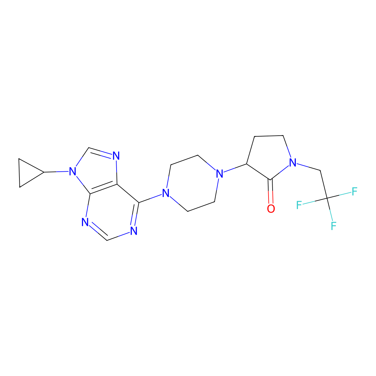 3-[4-(9-cyclopropyl-9H-purin-6-yl)piperazin-1-yl]-1-(2,2,2-trifluoroethyl)pyrrolidin-2-one molecular structure, CAS 2741894-64-2