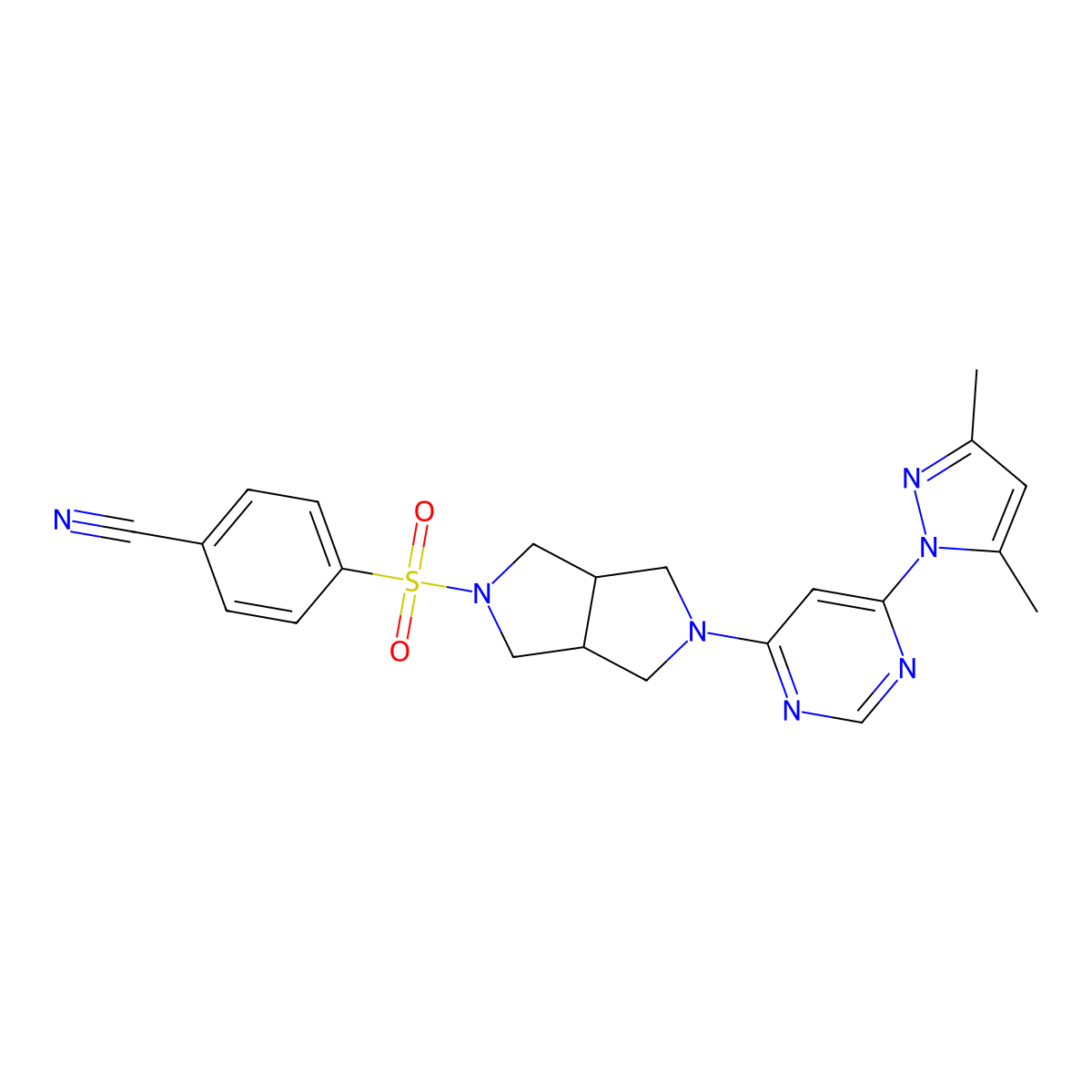 4-({5-[6-(3,5-dimethyl-1H-pyrazol-1-yl)pyrimidin-4-yl]-octahydropyrrolo[3,4-c]pyrrol-2-yl}sulfonyl)benzonitrile molecular structure, CAS 2741894-68-6