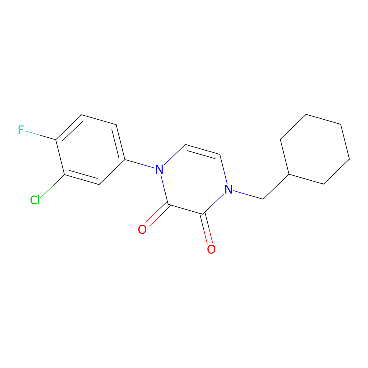 1-(3-Chloro-4-fluorophenyl)-4-(cyclohexylmethyl)-1,2,3,4-tetrahydropyrazine-2,3-dione molecular structure, CAS 2741895-85-0