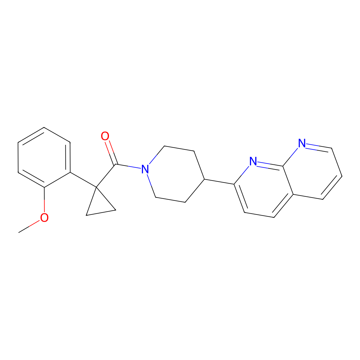 2-{1-[1-(2-Methoxyphenyl)cyclopropanecarbonyl]piperidin-4-yl}-1,8-naphthyridine molecular structure, CAS 2741895-96-3