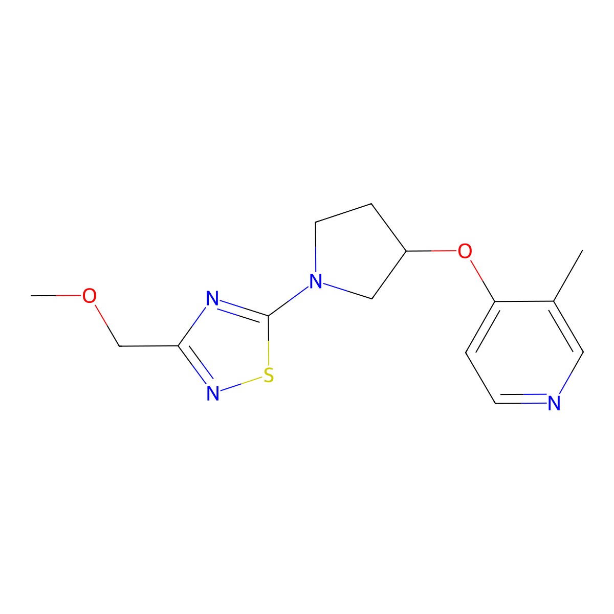 4-({1-[3-(Methoxymethyl)-1,2,4-thiadiazol-5-yl]pyrrolidin-3-yl}oxy)-3-methylpyridine molecular structure, CAS 2741896-00-2