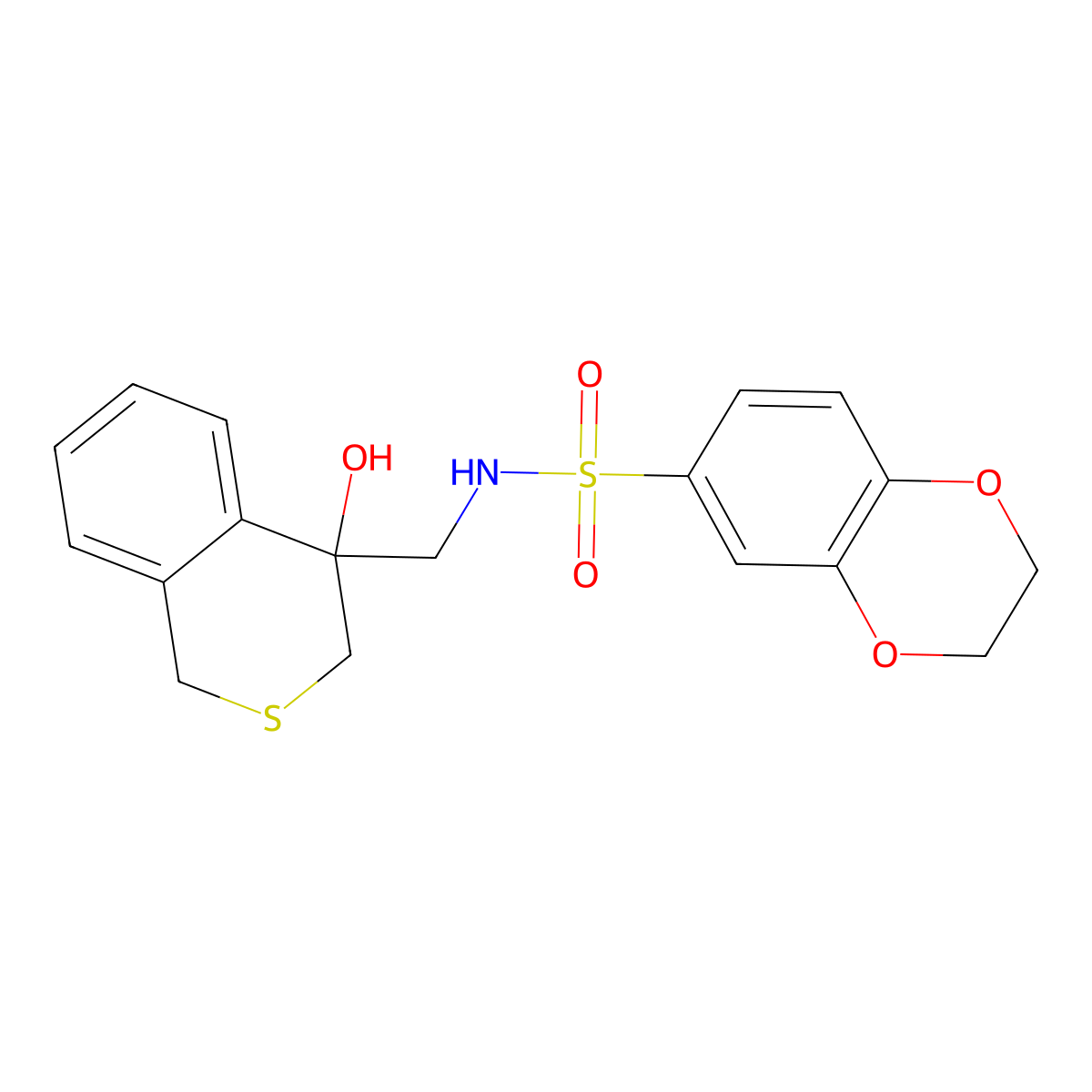 N-[(4-hydroxy-3,4-dihydro-1H-2-benzothiopyran-4-yl)methyl]-2,3-dihydro-1,4-benzodioxine-6-sulfonamide molecular structure, CAS 2741896-01-3