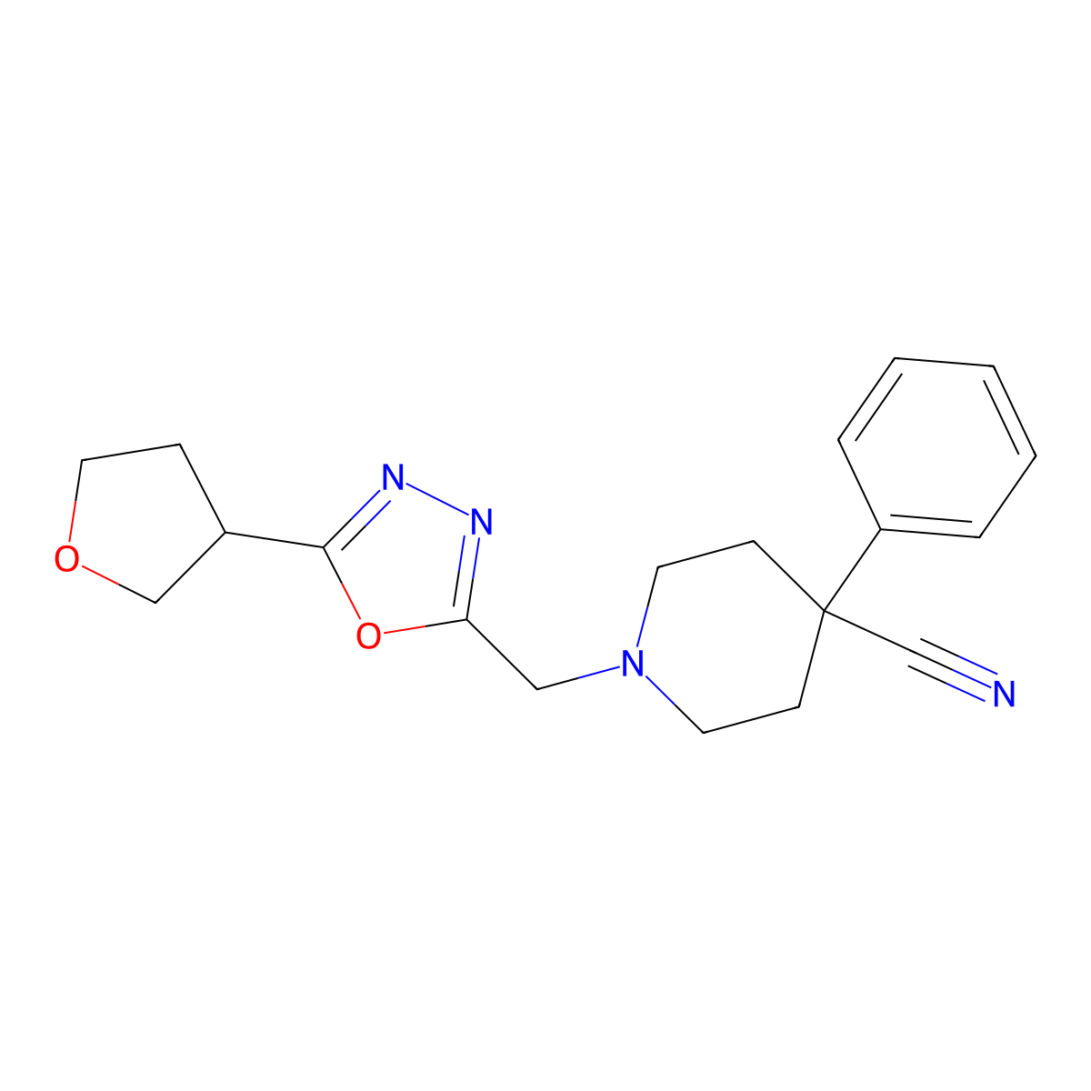 1-{[5-(Oxolan-3-yl)-1,3,4-oxadiazol-2-yl]methyl}-4-phenylpiperidine-4-carbonitrile molecular structure, CAS 2741896-06-8