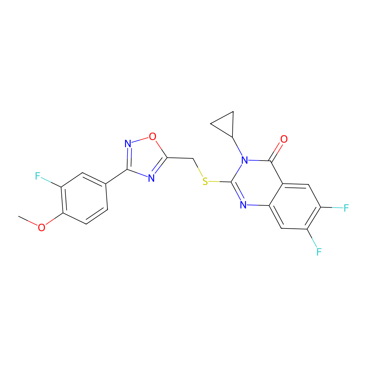 3-Cyclopropyl-6,7-difluoro-2-({[3-(3-fluoro-4-methoxyphenyl)-1,2,4-oxadiazol-5-yl]methyl}sulfanyl)-3,4-dihydroquinazolin-4-one molecular structure, CAS 2741896-12-6