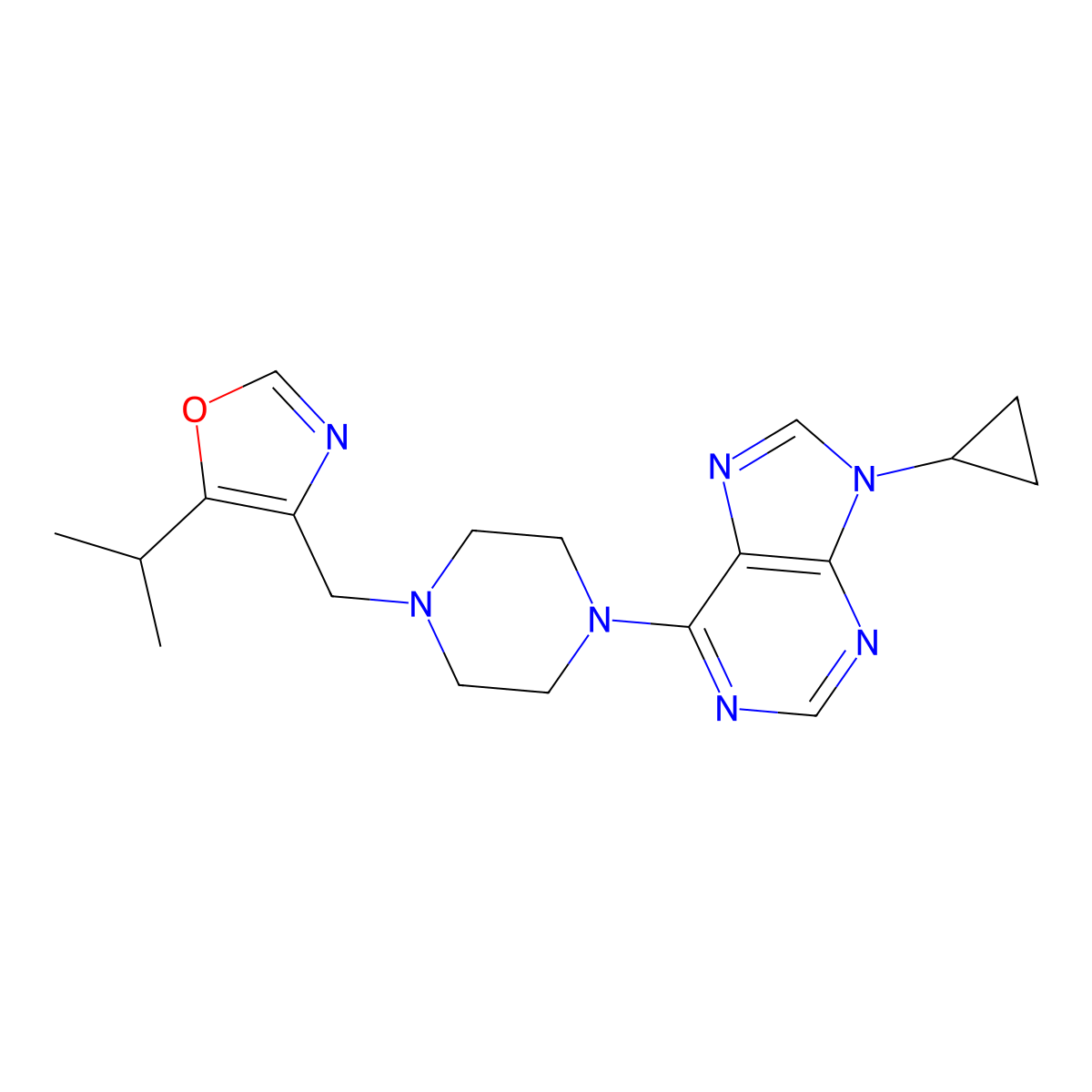 9-cyclopropyl-6-(4-{[5-(propan-2-yl)-1,3-oxazol-4-yl]methyl}piperazin-1-yl)-9H-purine molecular structure, CAS 2741896-14-8