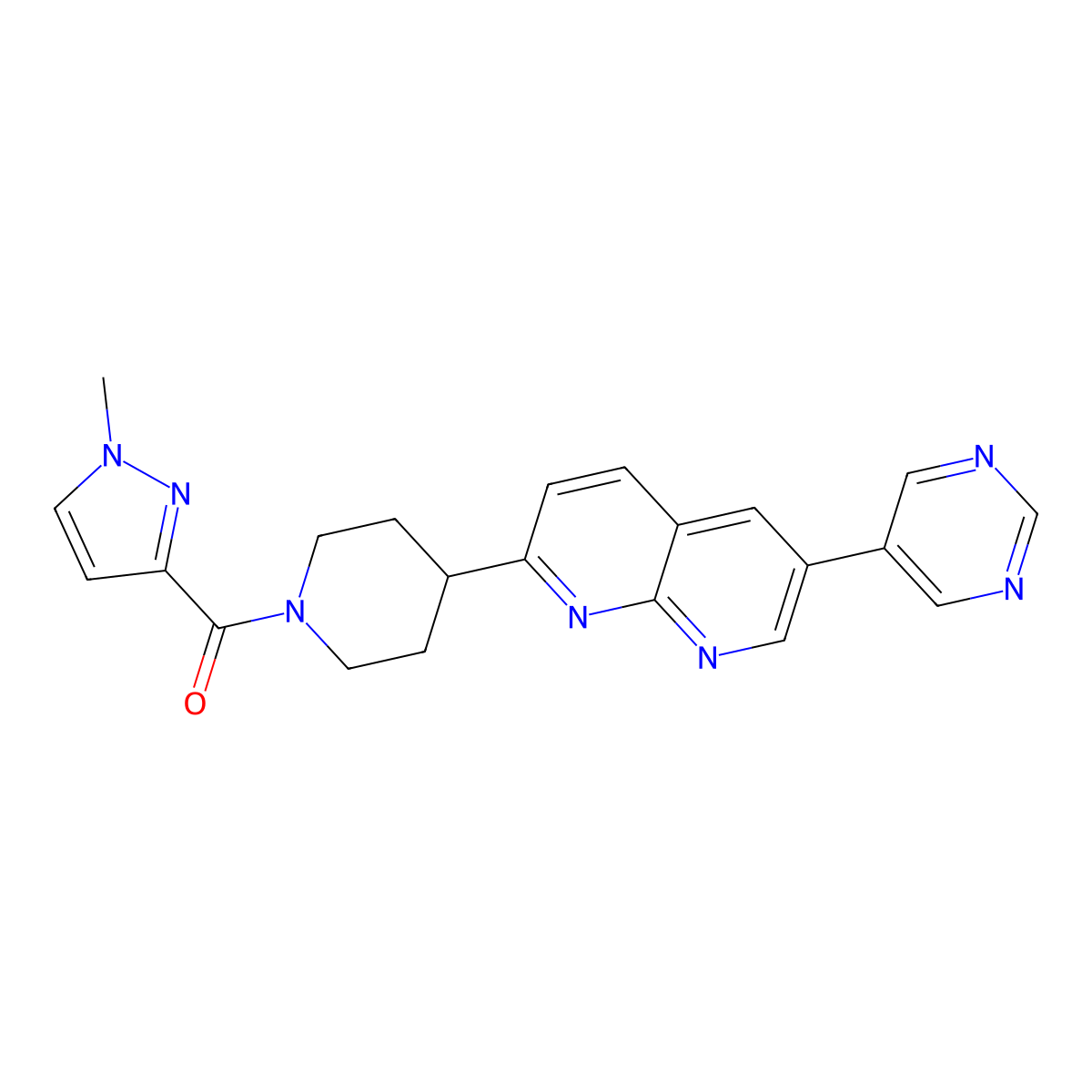 2-[1-(1-methyl-1H-pyrazole-3-carbonyl)piperidin-4-yl]-6-(pyrimidin-5-yl)-1,8-naphthyridine molecular structure, CAS 2741896-15-9
