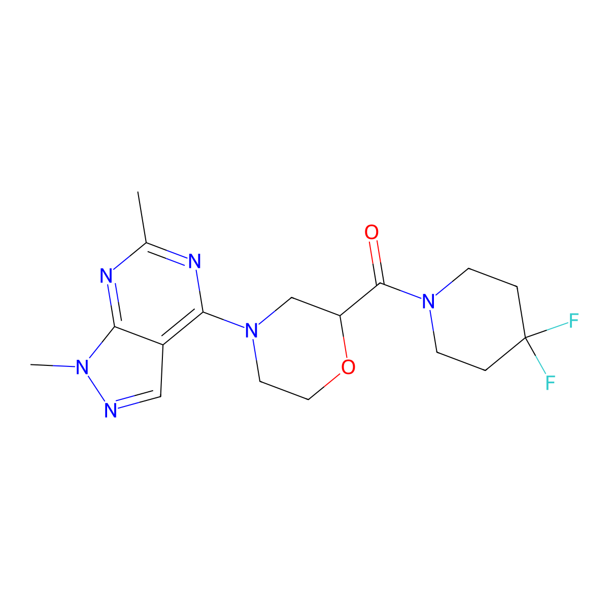 2-(4,4-difluoropiperidine-1-carbonyl)-4-{1,6-dimethyl-1H-pyrazolo[3,4-d]pyrimidin-4-yl}morpholine molecular structure, CAS 2741896-26-2