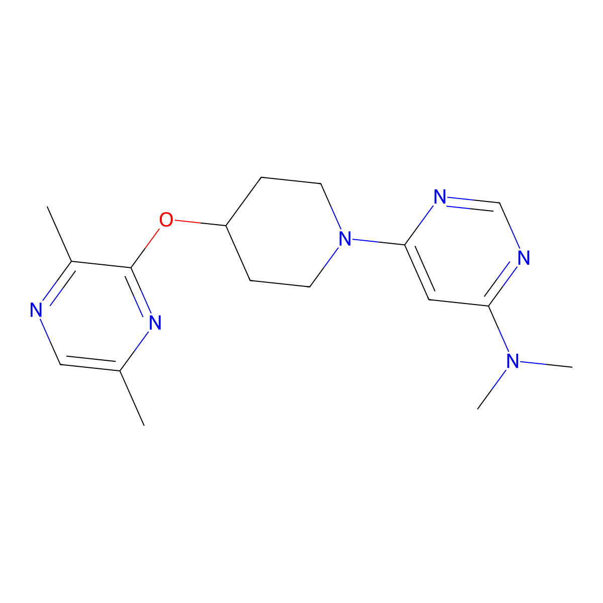 6-{4-[(3,6-dimethylpyrazin-2-yl)oxy]piperidin-1-yl}-N,N-dimethylpyrimidin-4-amine molecular structure, CAS 2741896-32-0