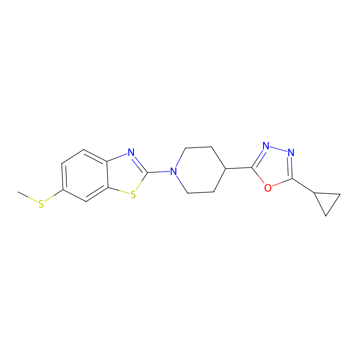 2-[4-(5-Cyclopropyl-1,3,4-oxadiazol-2-yl)piperidin-1-yl]-6-(methylsulfanyl)-1,3-benzothiazole molecular structure, CAS 2741896-54-6
