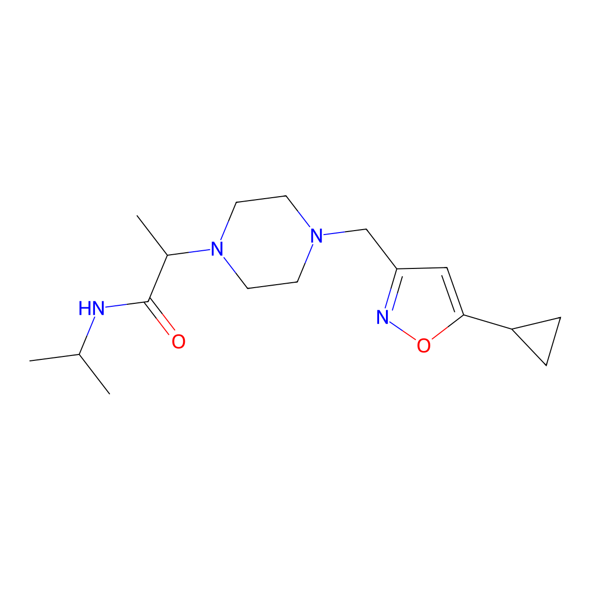 2-{4-[(5-cyclopropyl-1,2-oxazol-3-yl)methyl]piperazin-1-yl}-N-(propan-2-yl)propanamide molecular structure, CAS 2741896-61-5
