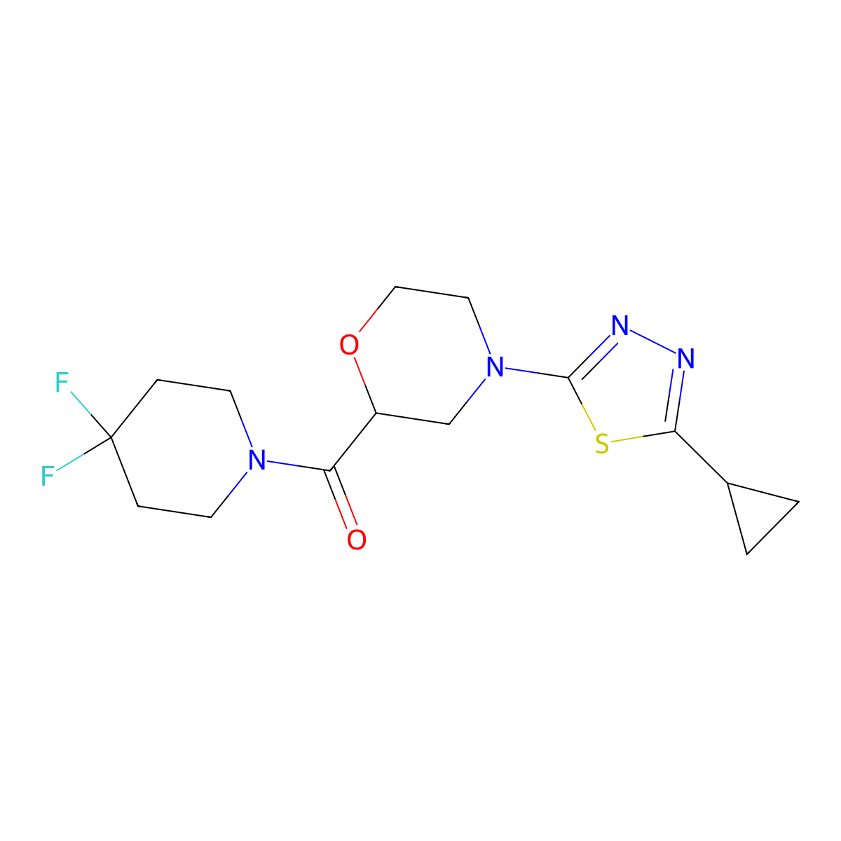 4-(5-Cyclopropyl-1,3,4-thiadiazol-2-yl)-2-(4,4-difluoropiperidine-1-carbonyl)morpholine molecular structure, CAS 2741896-62-6