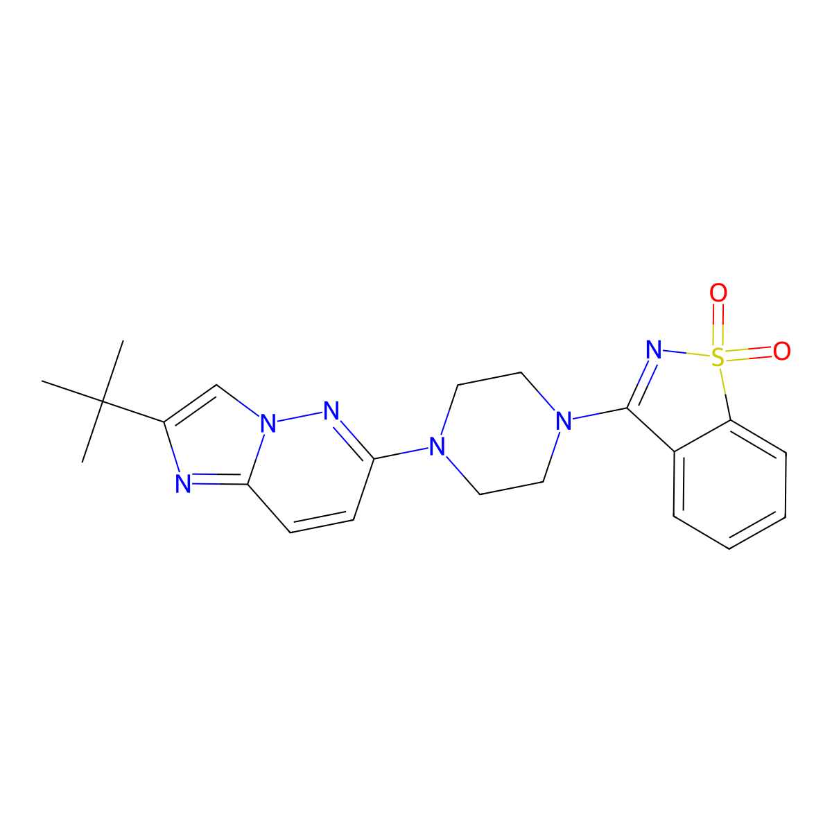 3-[4-(2-Tert-butylimidazo[1,2-b]pyridazin-6-yl)piperazin-1-yl]-1,2-benzothiazole 1,1-dioxide molecular structure, CAS 2741896-65-9