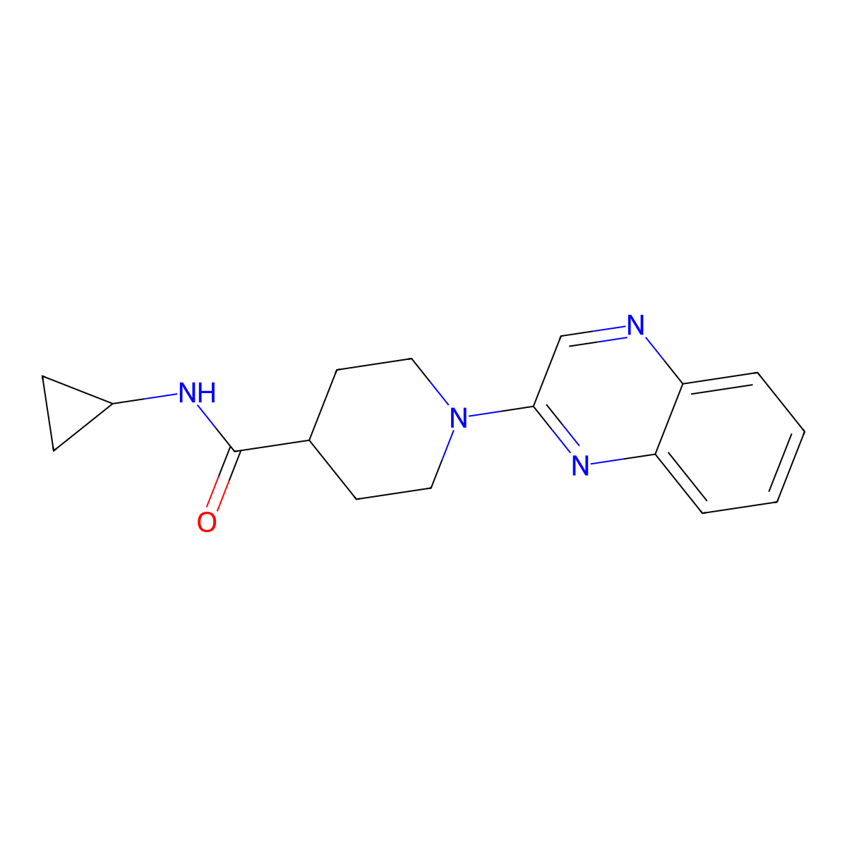 N-cyclopropyl-1-(quinoxalin-2-yl)piperidine-4-carboxamide molecular structure, CAS 2741896-78-4