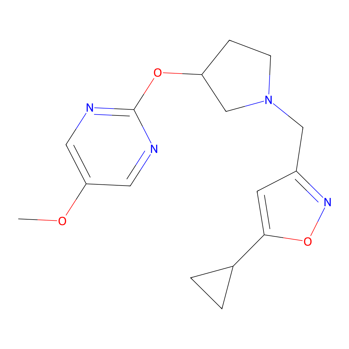 2-({1-[(5-Cyclopropyl-1,2-oxazol-3-yl)methyl]pyrrolidin-3-yl}oxy)-5-methoxypyrimidine molecular structure, CAS 2741896-86-4