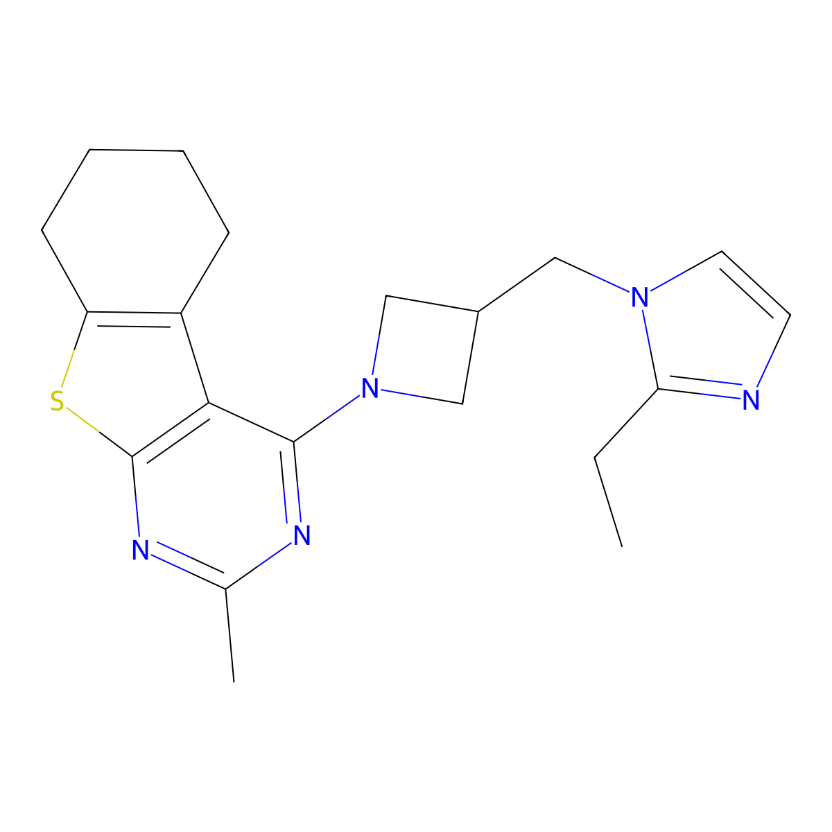 3-{3-[(2-ethyl-1H-imidazol-1-yl)methyl]azetidin-1-yl}-5-methyl-8-thia-4,6-diazatricyclo[7.4.0.0^{2,7}]trideca-1(9),2,4,6-tetraene molecular structure, CAS 2741896-90-0