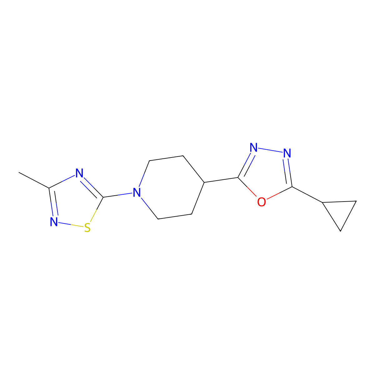 4-(5-Cyclopropyl-1,3,4-oxadiazol-2-yl)-1-(3-methyl-1,2,4-thiadiazol-5-yl)piperidine molecular structure, CAS 2741897-01-6