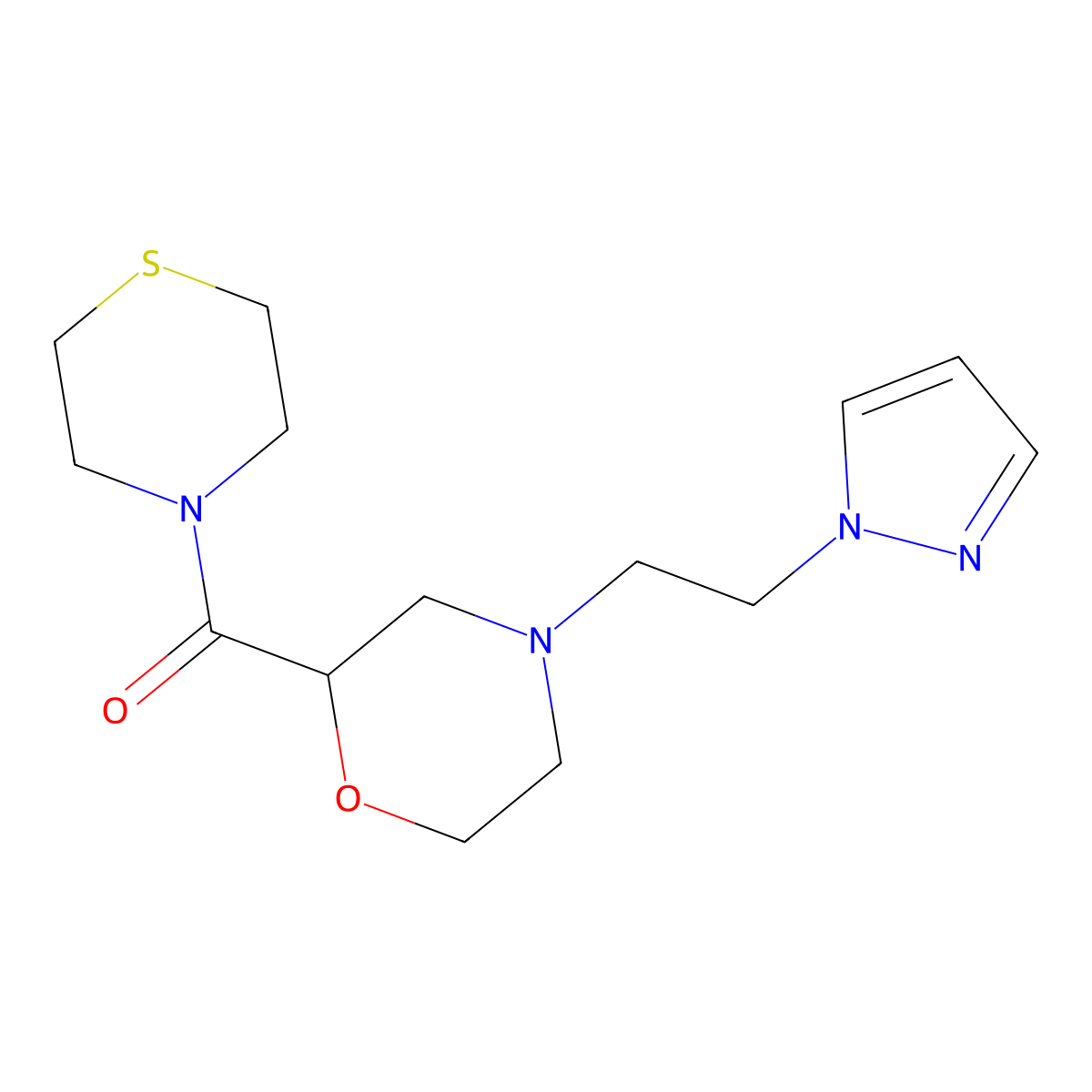 4-[2-(1H-pyrazol-1-yl)ethyl]-2-(thiomorpholine-4-carbonyl)morpholine molecular structure, CAS 2741897-02-7
