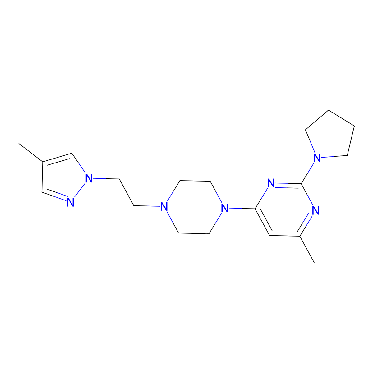 4-methyl-6-{4-[2-(4-methyl-1H-pyrazol-1-yl)ethyl]piperazin-1-yl}-2-(pyrrolidin-1-yl)pyrimidine molecular structure, CAS 2741897-04-9