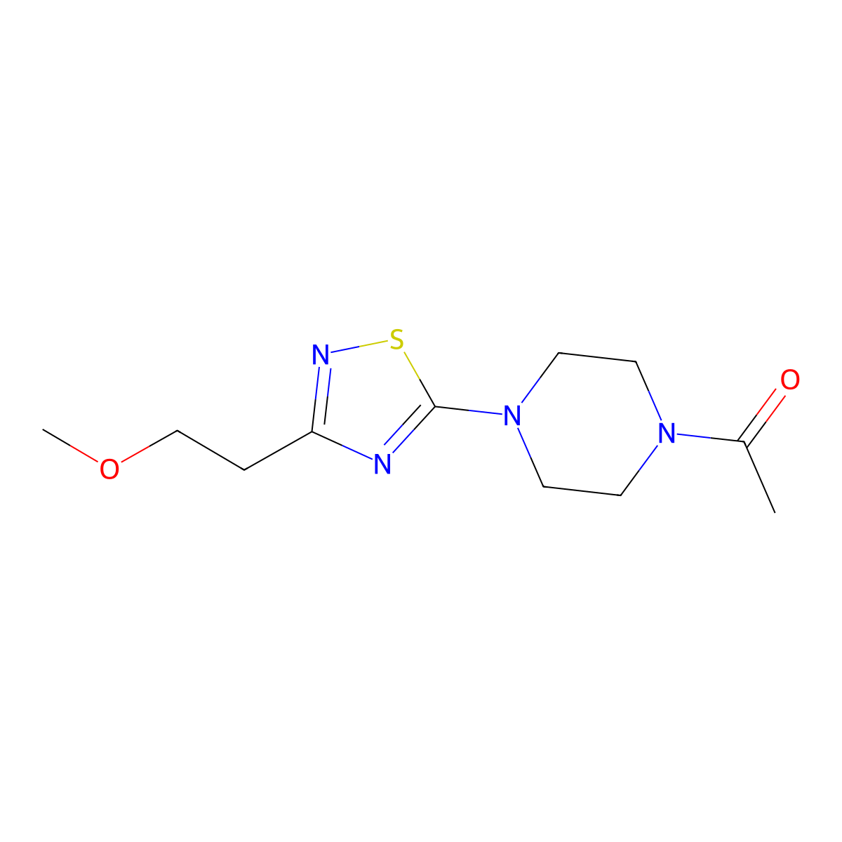 1-{4-[3-(2-Methoxyethyl)-1,2,4-thiadiazol-5-yl]piperazin-1-yl}ethan-1-one molecular structure, CAS 2741897-09-4