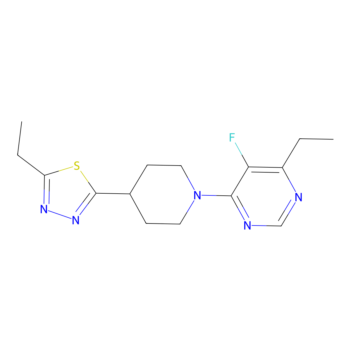 4-Ethyl-6-[4-(5-ethyl-1,3,4-thiadiazol-2-yl)piperidin-1-yl]-5-fluoropyrimidine molecular structure, CAS 2741897-14-1
